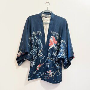 Open-front Embroidered Navy Kimono Blazer Jacket with Birds & Floral Boho Chic